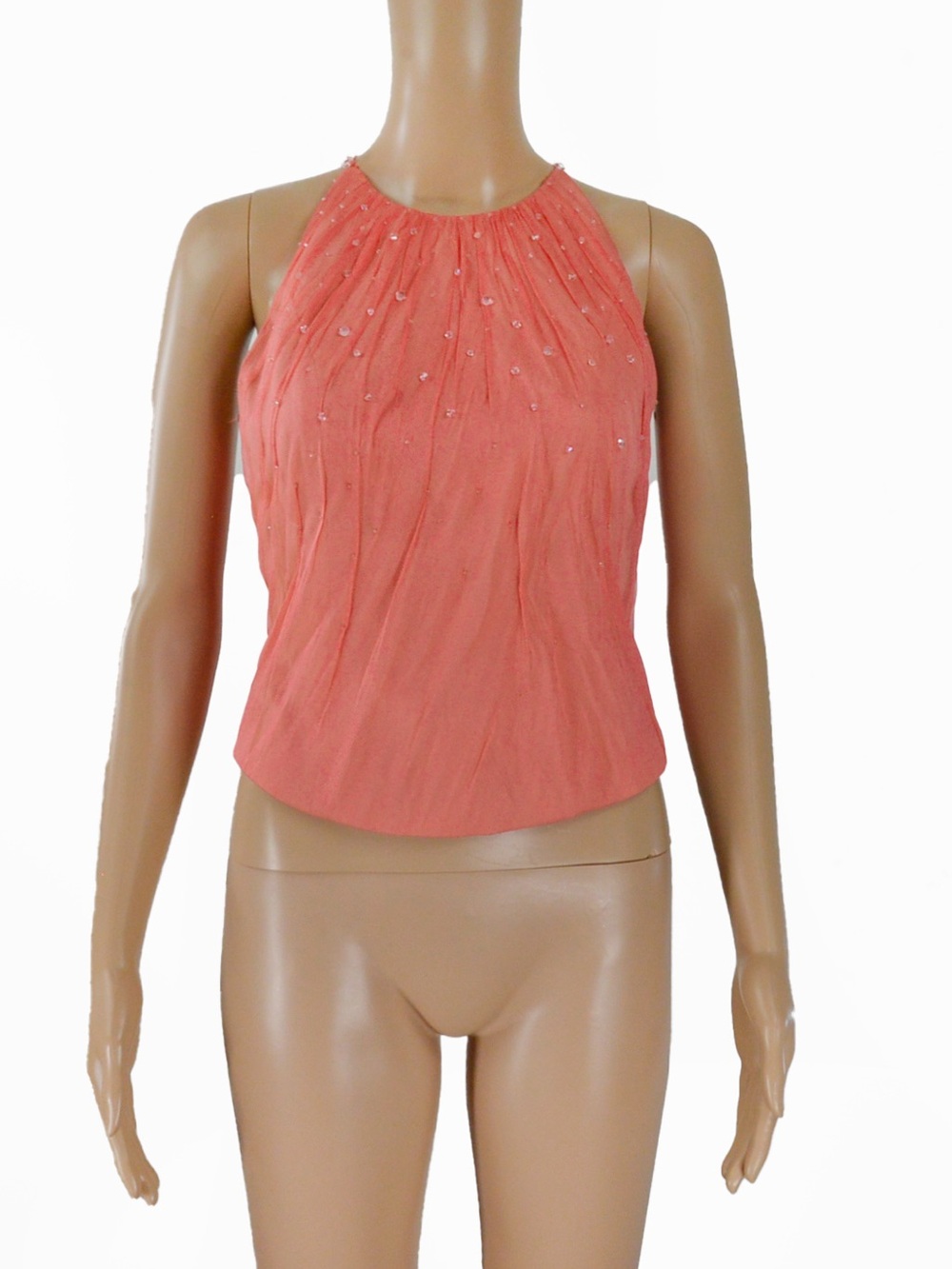 Vintage Silk Overlay Beaded Embroidered Cross Halter Pink Sleeveless Top